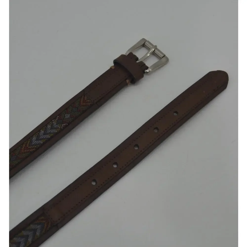 Women's Brown Leather Belt Textile Multicolored Accent Large